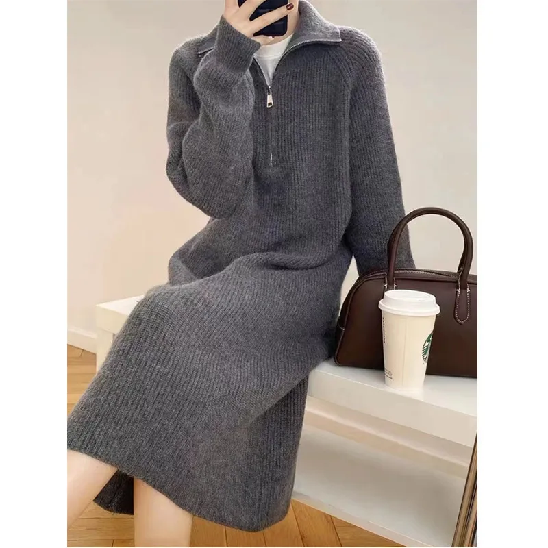 

Autumn and Winter New Mid length Underlay Dress Women's Fashion Underlay Over Knee Sweater Knitted Long Dress
