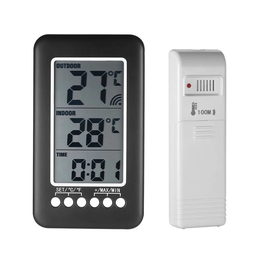 

℃/℉ Digital LCD Thermometer Wireless Indoor/Outdoor Thermometer 12/24 Hour Clock Display Temperature Meter With Transmitter