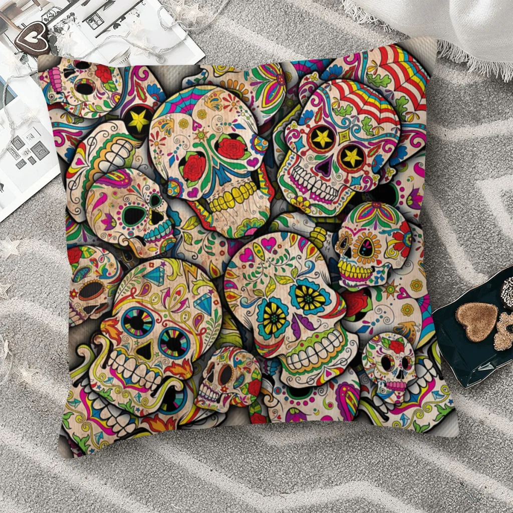

Sugar Skull Collage Polyester Cushion Cover For Sofa Garden Decorative Soft Throw Pillowcase