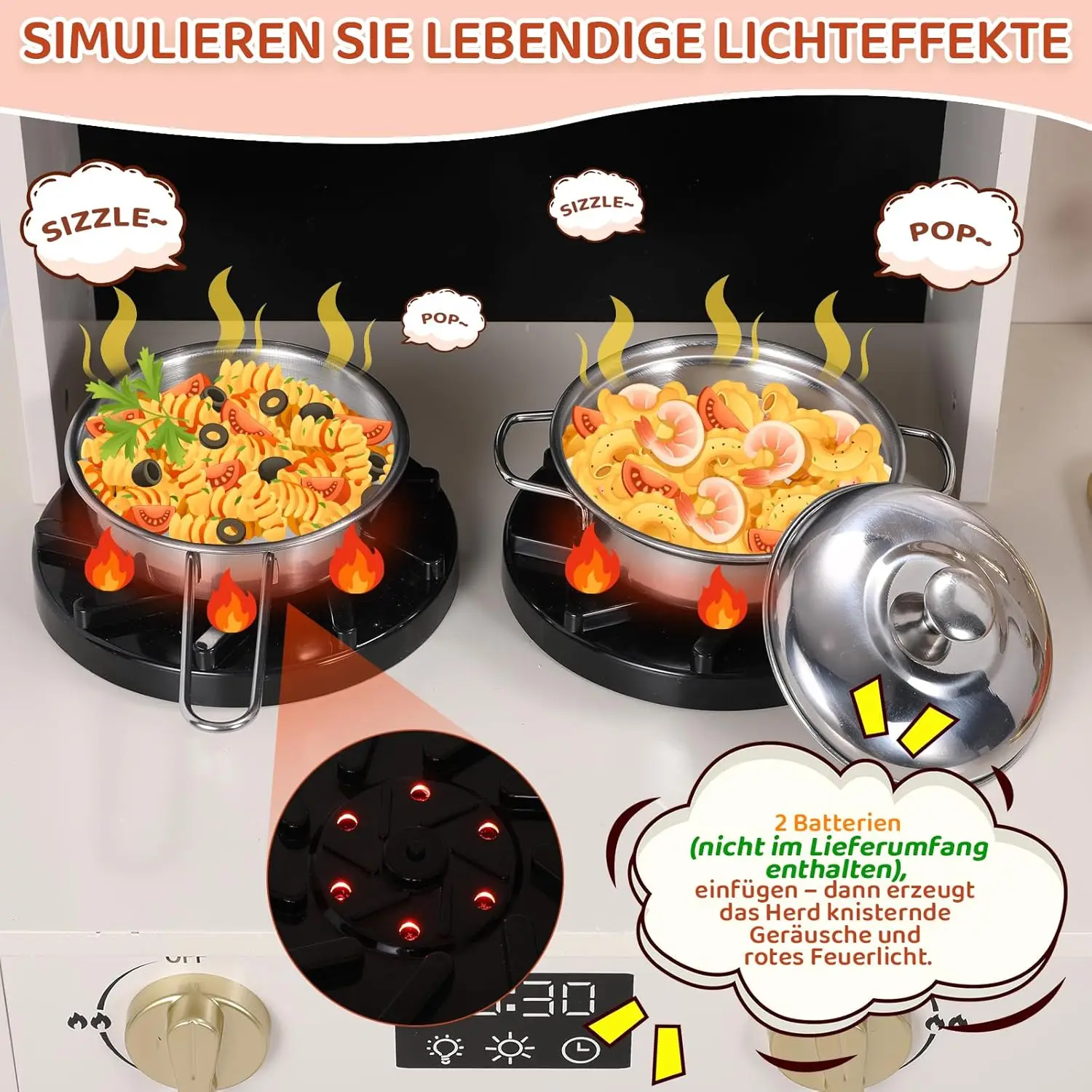 Play Kitchen for Kids, Wooden Pretend Toy Kitchen, Large Toodler Cooking Playset w/Cookware, Stove w/Light & Sound, Fabric Boxs