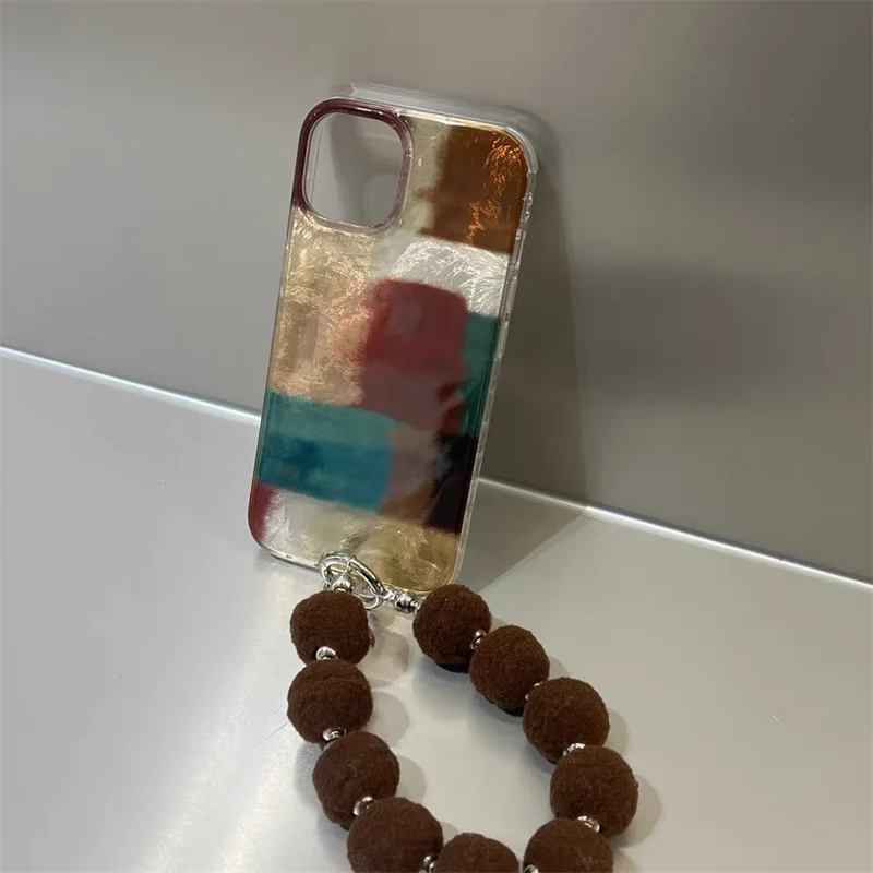 Retro Brown & Red Color Blocked Phone Case with Fur Ball Chain Decor