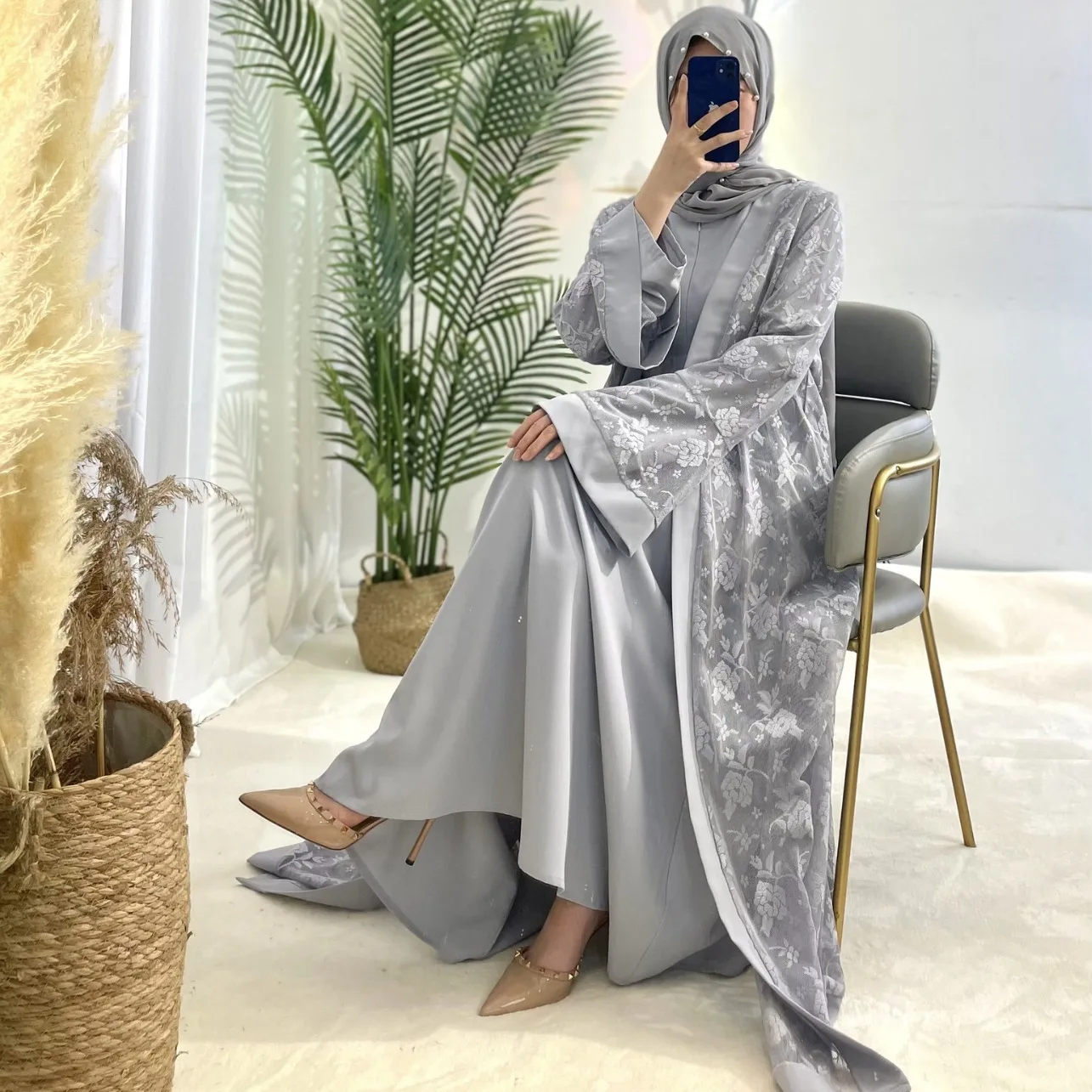 

2 Pieces Set Muslim Women Ramadan Embroidery Open Abaya Dubai Turkey Kaftan Islamic Clothing Kimono Cardigan Jalabiya Eid Dress