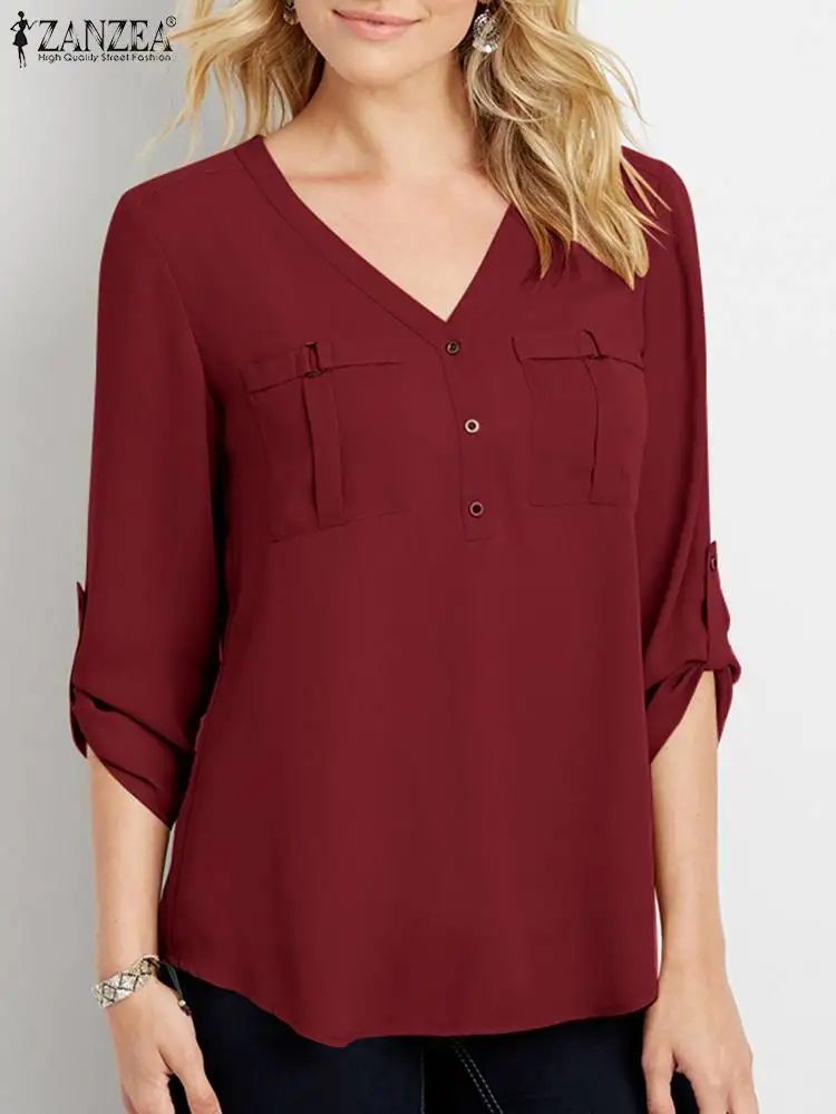 

ZANZEA Woman Street Casual Blouse Spring Long Sleeve Chemise V-Neck Solid Color Fashion Tops Ladies Elegant Work OL Shirt 2023