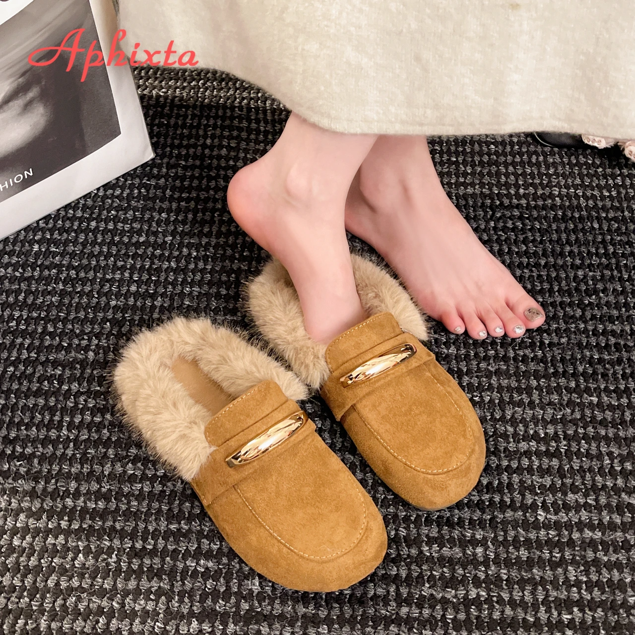 Aphixta 2025 Flat With Warm Slippers Suede Upper Plush Furry Slip on Mules Metal Decoration Concise Outside Slipper Shoes