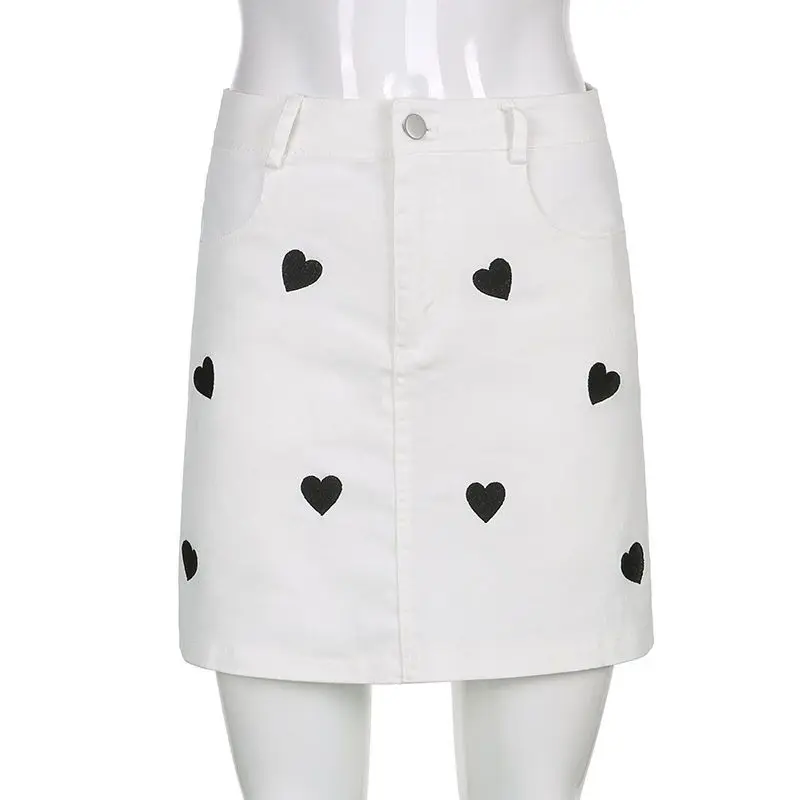 Denim Skirt Preppy Style Love Heart Embroidered Women'S Lined High-Waisted Leg-Lengthening Hip-Covering Short Skirt