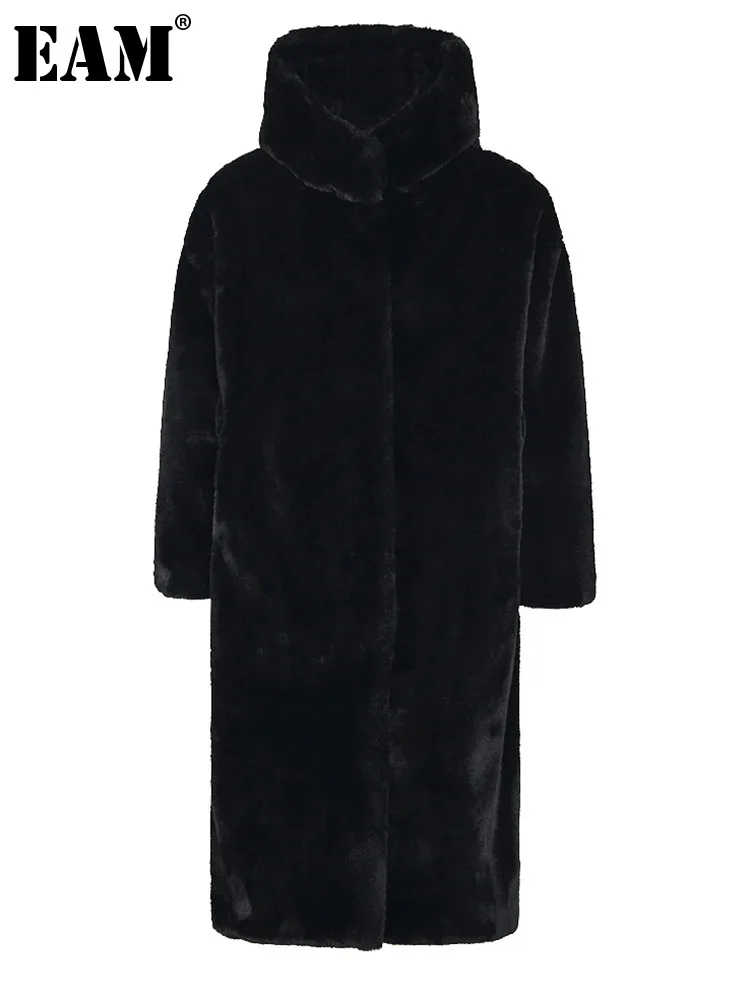 

[EAM] Свободная черная теплая длинная куртка большого размера с искусственным мехом Новое Женское пальто с капюшоном и длинным рукавом модное осенне-зимнее 2024 1DC95701