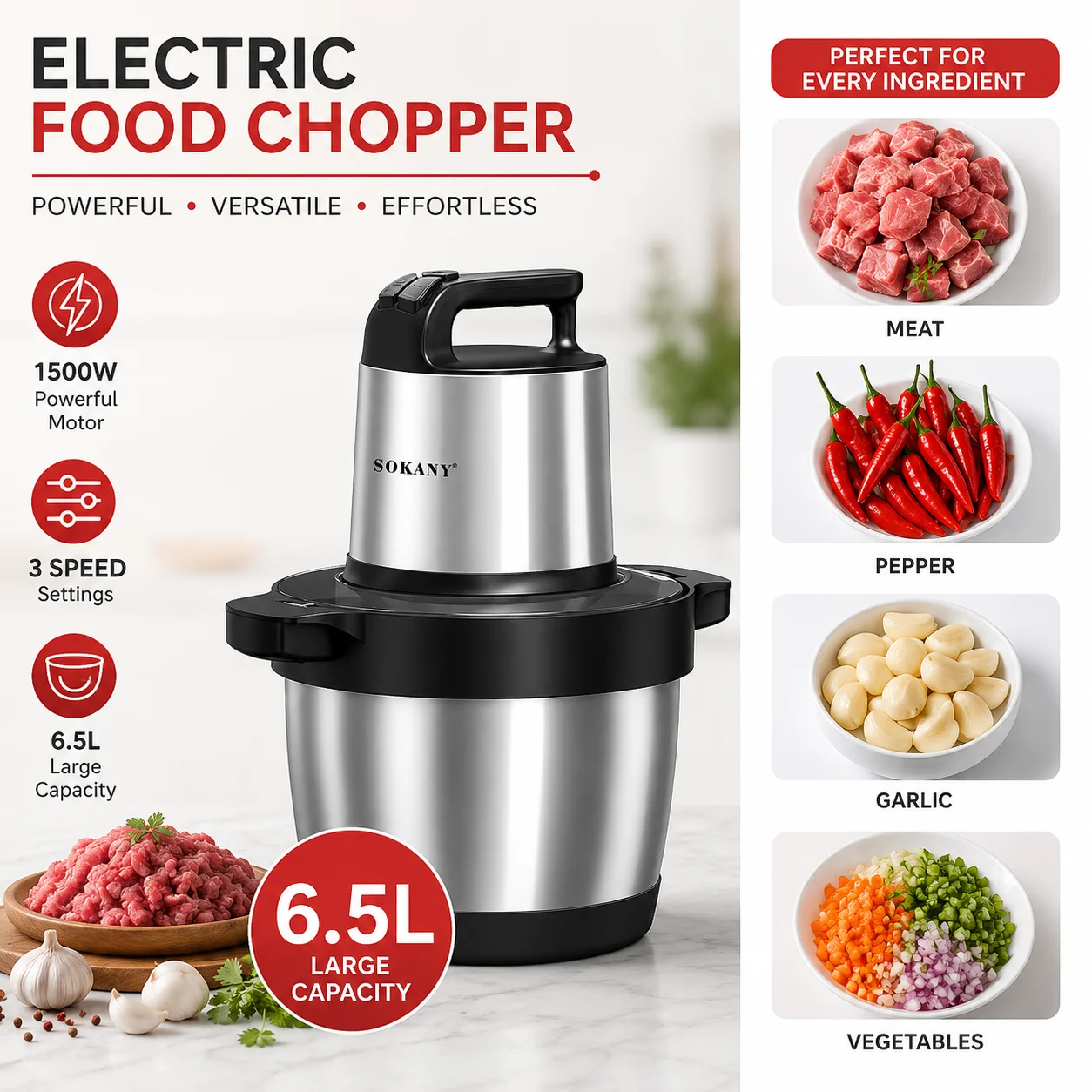 Maszynka do mielenia mięsa ze stali nierdzewnej 1500W 6.5L, 3 biegi, mocny silnik, 4-warstwowe ostrze, rozdrabniacz do warzyw, mielarka do cebuli i czosnku
