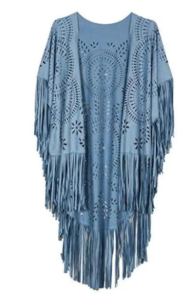 

Women's Faux Suede Kimono Cape Fringed Asymmetric Cover Up Shawl