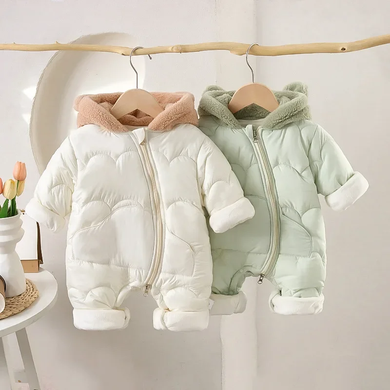 Thickened Fleece Hooded Romper for Baby Boys and Girls
