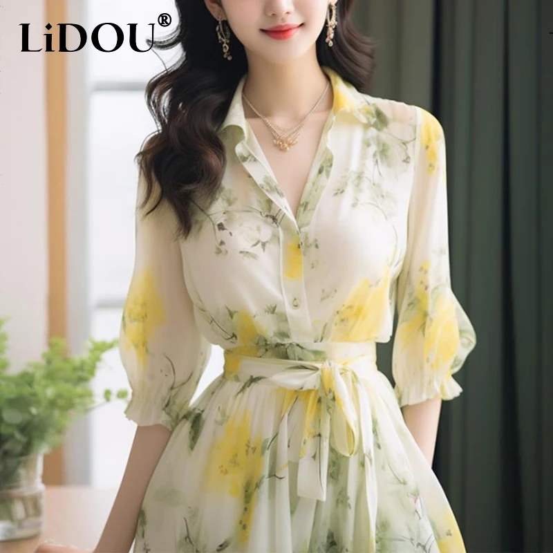 

Summer Elegant Fashion Sweet Floral Printed Vestido Female Half Sleeve Casual Lace Up Robe Women Polo-neck Vintage Chiffon Dress