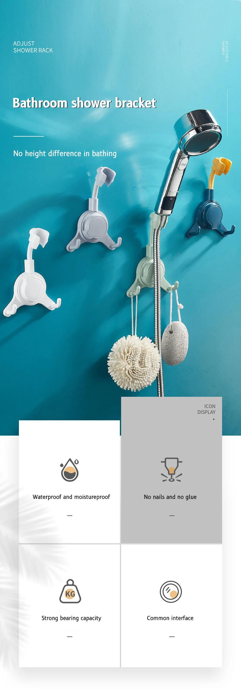 Description Picture 2 of itemAdjustable Shower Holder Stand Suction Cup Shower Head Holder Wall Mount Showerhead Bracket Bathroom Support Douche Punch-Free