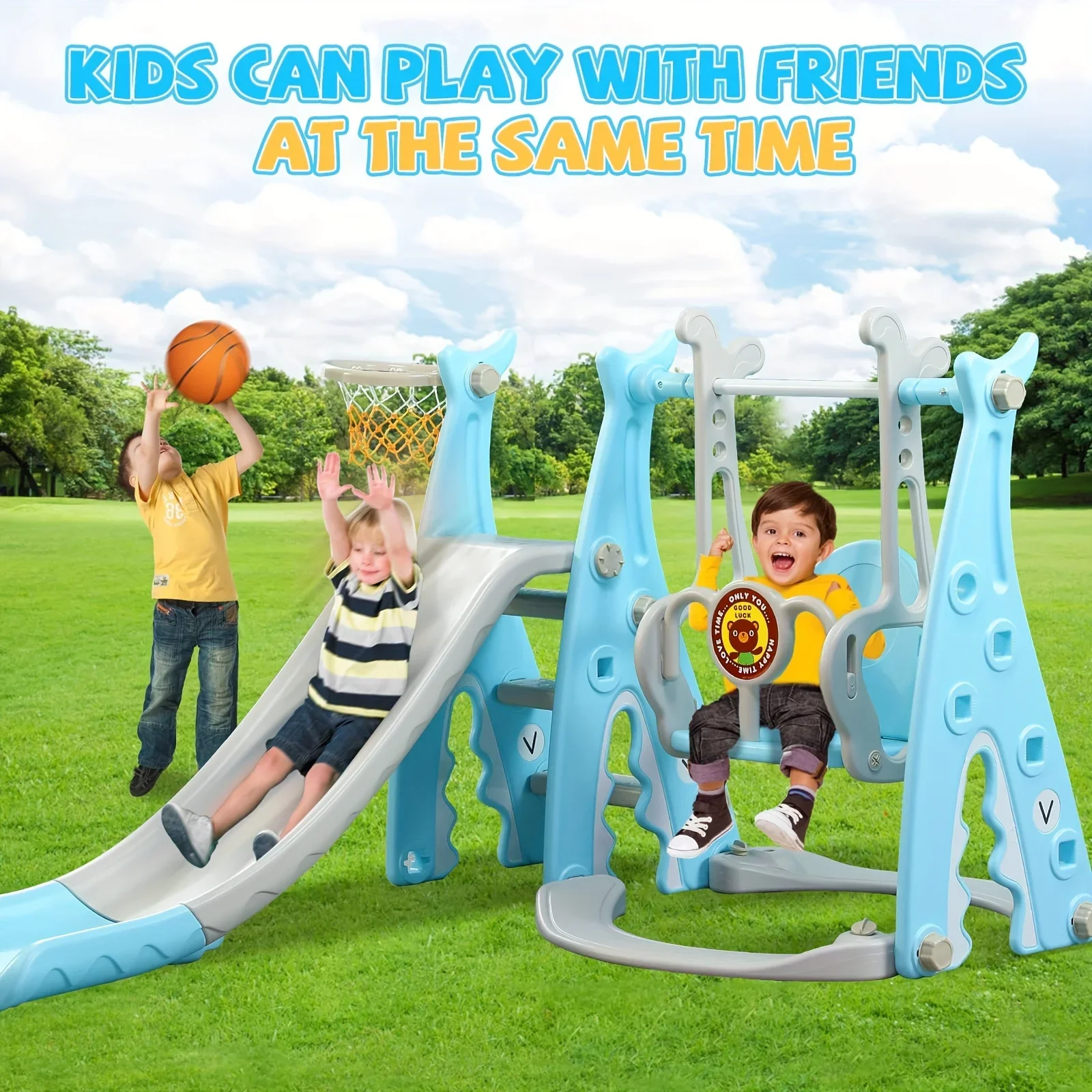 4 in 1 Toddlers Slide and Swing Set Kids Climber Slide Playset for Boys Girls with Basketball Hoop Extra Long Baby Playset