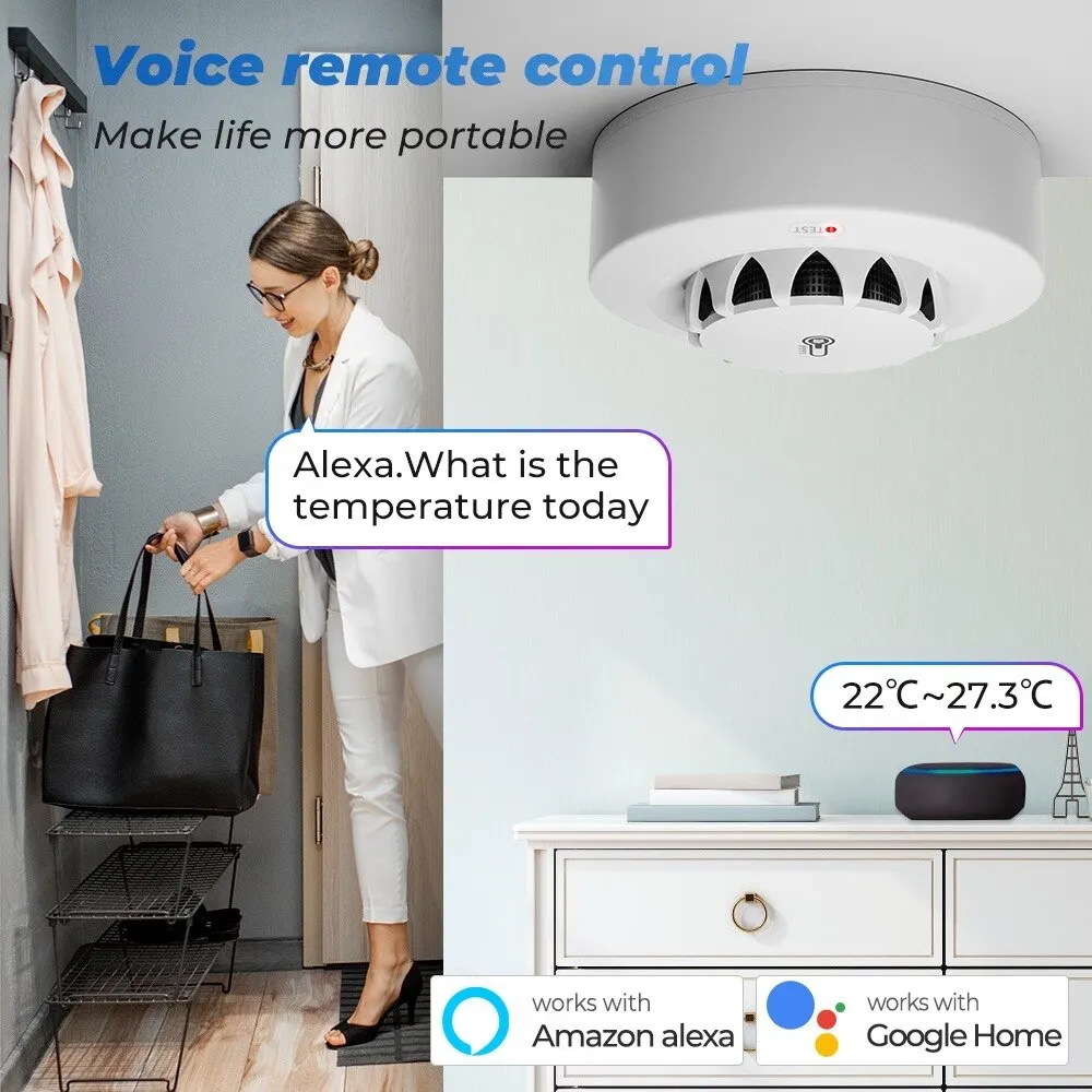 ONENUO WiFi Smoke Detector Alarm Fire Smoke with Temperature Humidity Detection 80dB Sound for Alexa Google Home Tuya Smart Life smoke alarm