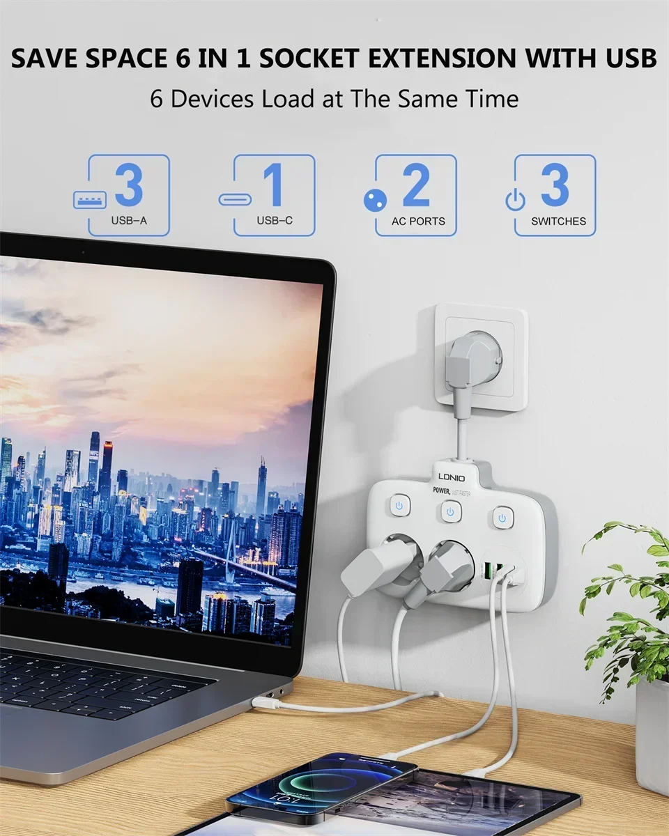 Description Picture 2 of itemEU Plug Power Strip 2 Outlets with 3 USB 1 Type-C Port Electrical Socket Universal Outlet Home Office Adapter Surge Protector