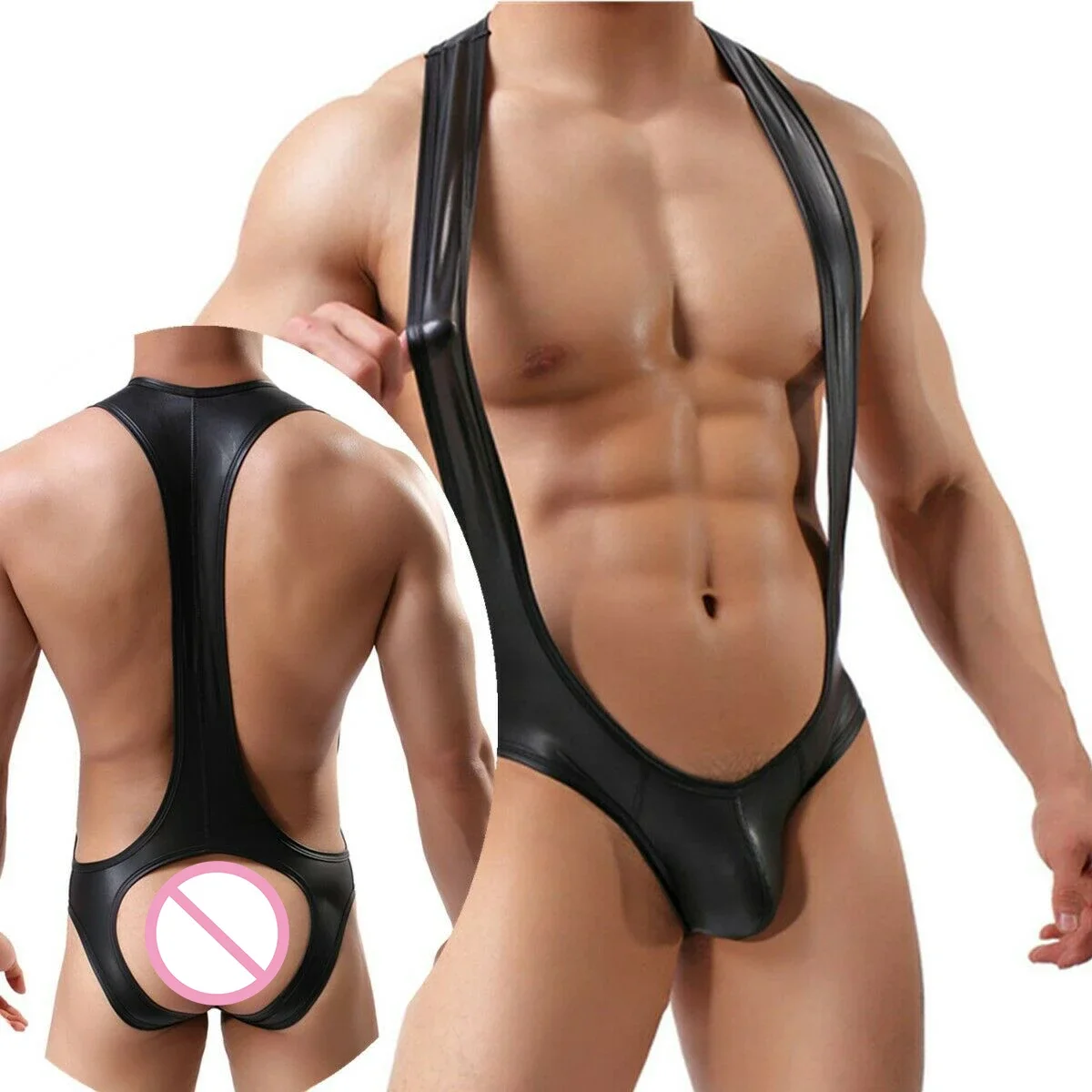 Sexy Men's Wetlook Faux Leather One Piece Bodysuits Jumpsuits Open Butt Tights Catsuits Male Fetish Costume Party Dance Clubwear