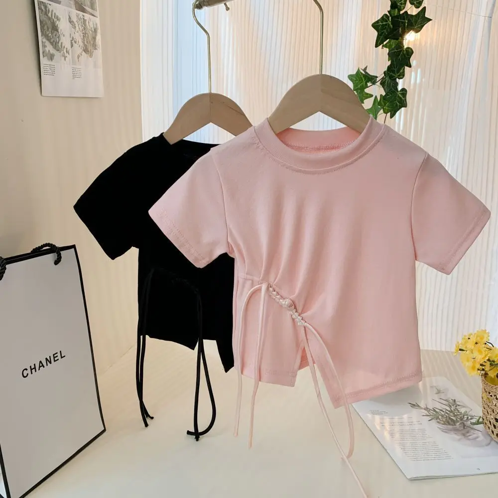 

Baby Girls Short Sleeved T-shirt Kids Top Tees Solid Pullover 2024 Summer 1 To 8Yrs Children's Patchwork Clothing Causal