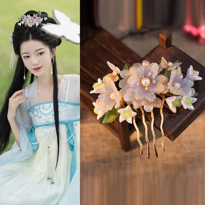 Fairy Hair Comb Chinese Style Flower Hairpin Forks for Women Hanfu Party Decor Beads Vintage Hair Jewelry Photograph Headpiece hair comb,hair accessory,pearl hairpins