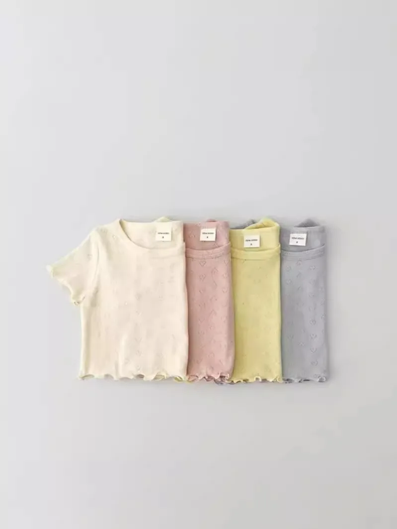 Summer Girl Baby Solid Hollow Out Short Sleeve T-shirt Boy Children Breathable Casual Tshirt Kid Cotton Tops Toddler Ruffle Tees