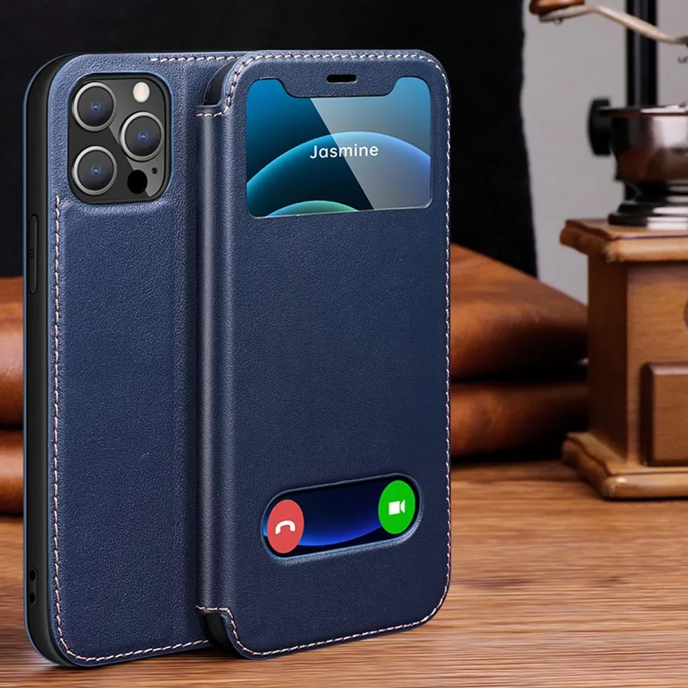 Luxury Genuine Leather Flip Cover with Window - Premium Book-Style Case