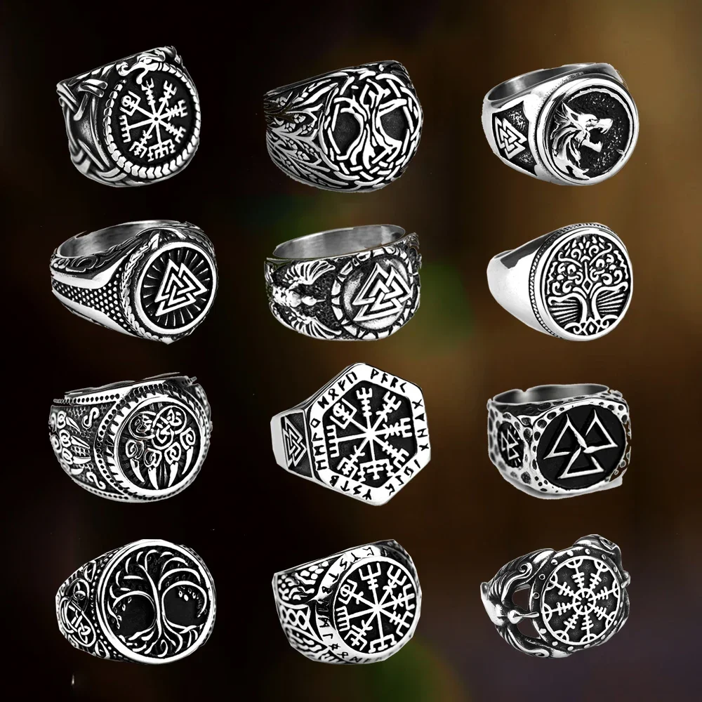 316L Stainless Steel Nordic Viking Ring Valknut Compass Tree of Life Wolf Vintage Men Ring Amulet Jewelry for Boyfriend As Gift