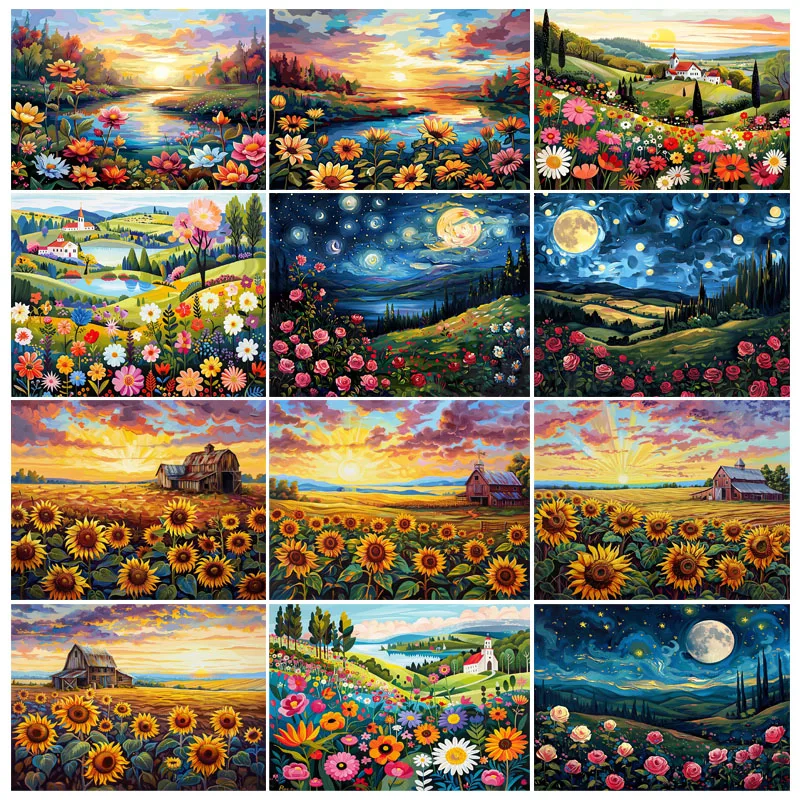 Hand Painting Mountain Flower Sceneryt Landscape Oil Painting By Numbers Kit DIY Artwork Canva Art GiftHome Decoration Gift