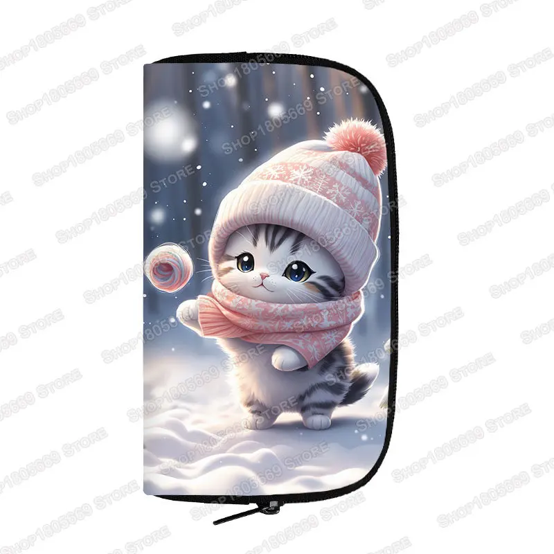 Cartoon Snow Flowers Cat Print portafoglio Kawaii Black Cat Coin Money Bags porta carte di credito lungo piccolo sacchetto di immagazzinaggio pochette regalo - immagine 2