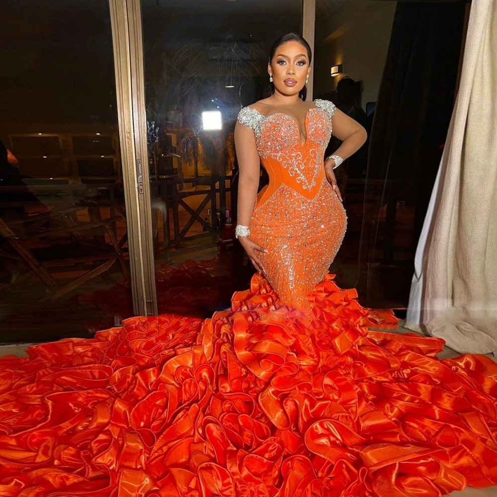

Роскошные вечерние платья Aso Ebi с бусинами, блестками, аппликациями, гофрированным низом, длинное платье для выпускного вечера, платье знаменитости с длинными рукавами