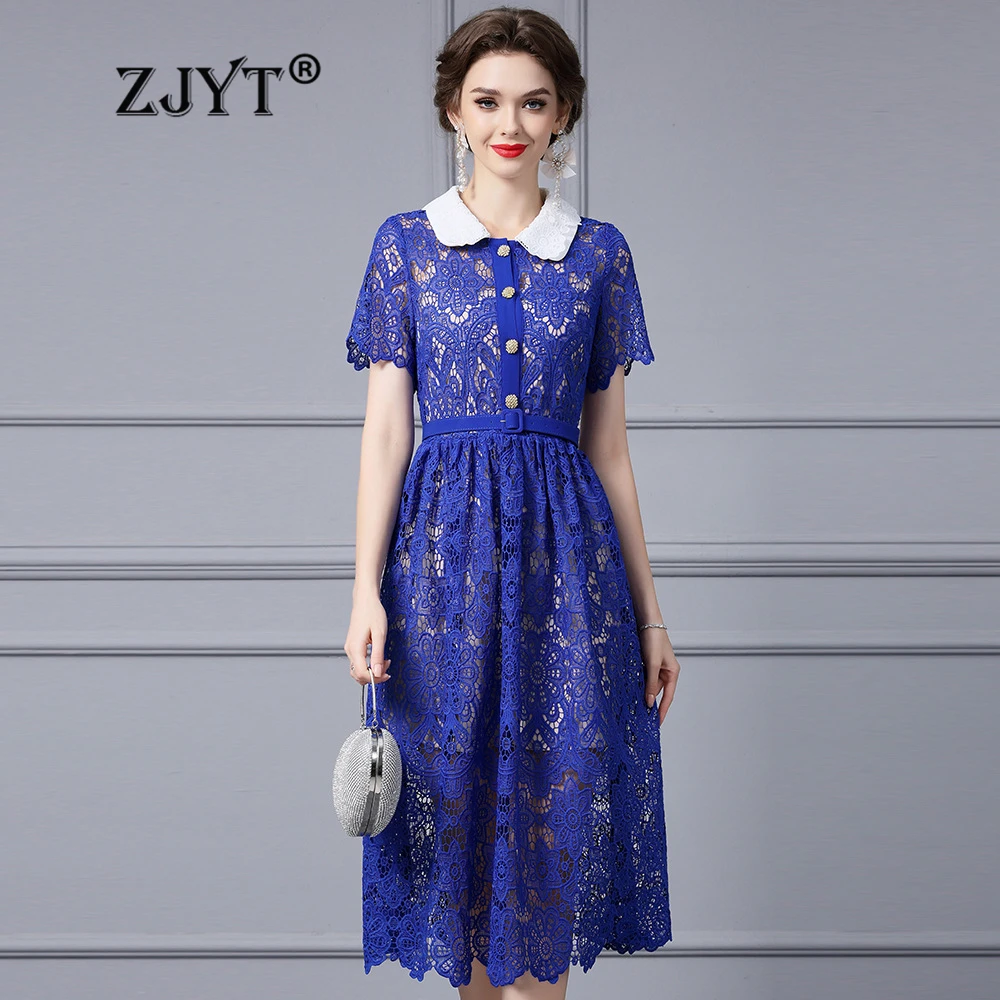 

ZJYT Women's Embroidery Hollow Lace Dress Blue Peter Pan Collar Short Sleeve Summer Dresses 2024 Runway Fashion Midi Vestidos