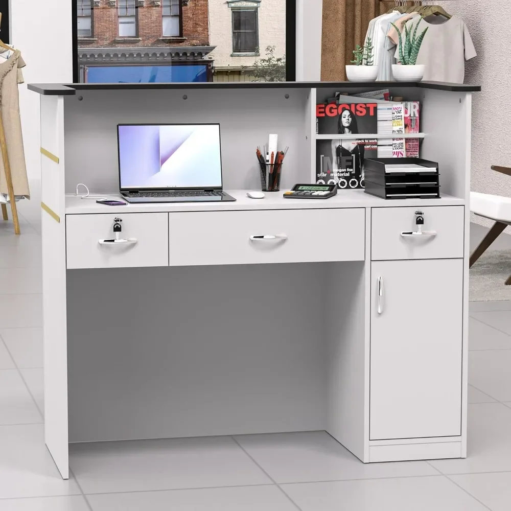 Reception Desk with Counter, Modern Front Table Equipped Lockers & Storage Shelves, 50-inch Checkout Counter with LED Lights 3