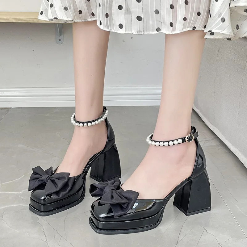 Mary Jane Female High Heels Spring Summer Women's Chunky Heel Sandals One Word Tape Big Bowknot Elegant Party Ladies Pumps