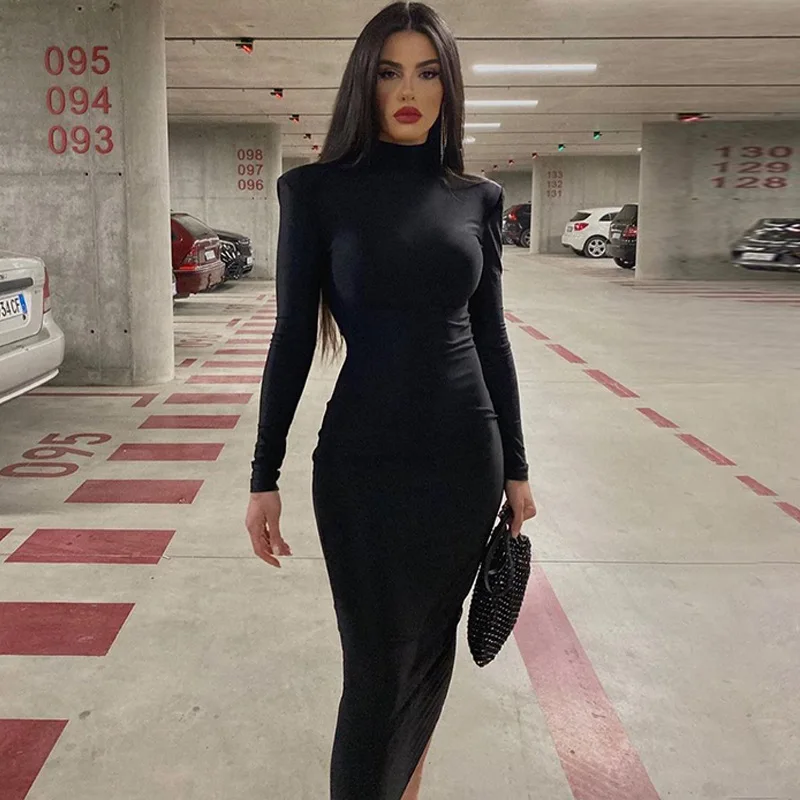 

Elegant Dress Women For Party Turtleneck Black Sexy Bodycon Maxi Dresses Winter Casual Streetwear Casual Women Robe Vestidos