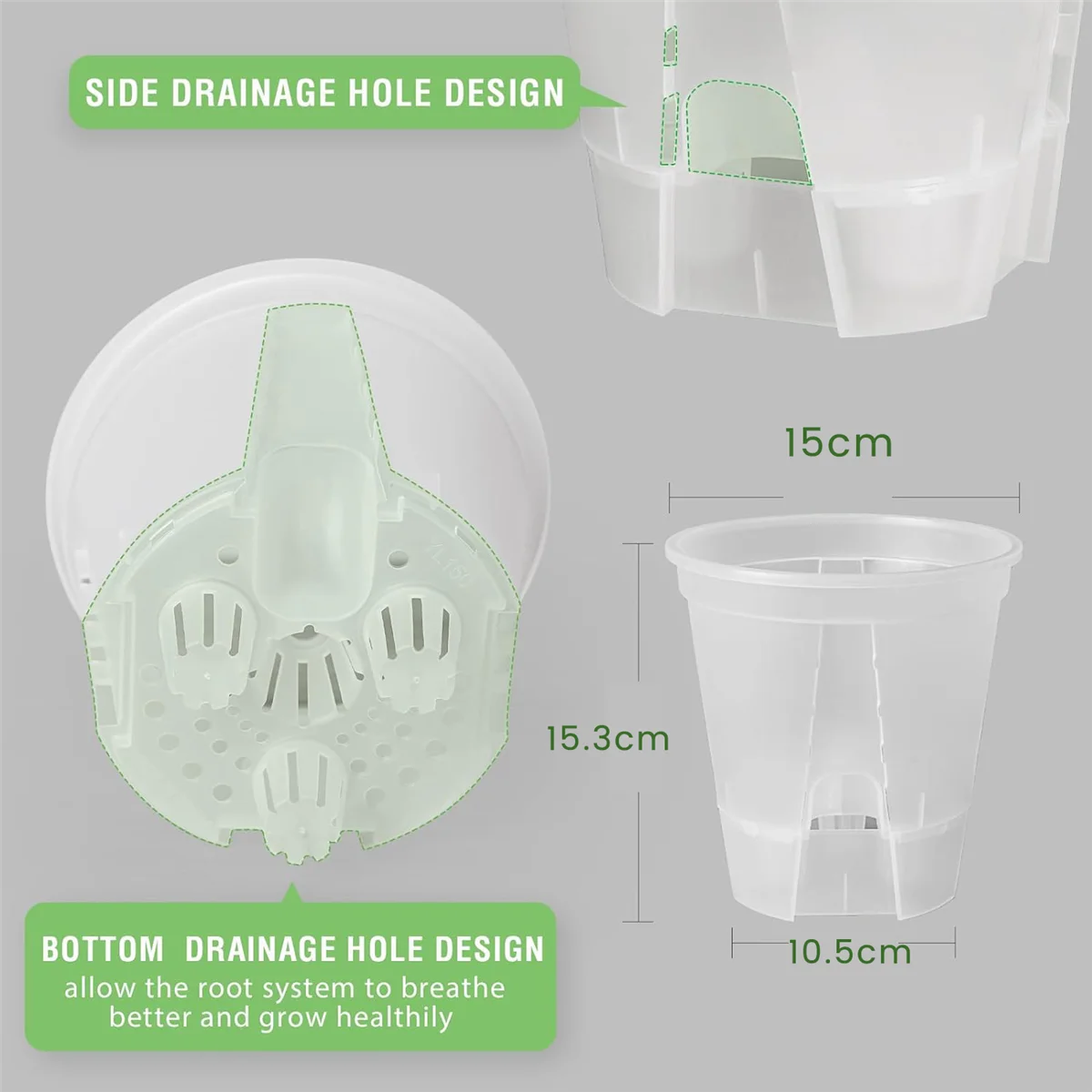 6 Inch Transparent Plastic Garden Pots Self Watering 5 Pack Plastic Nursery Plant Pots with Deep Reservior plastic garden pots