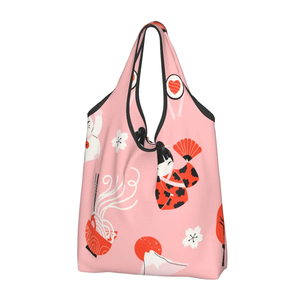 

Reusable Japanese Icon Kokeshi Doll Kimono Ramen Grocery Foldable Machine Washable Shopping Bags Eco Storage Bag Lightweight
