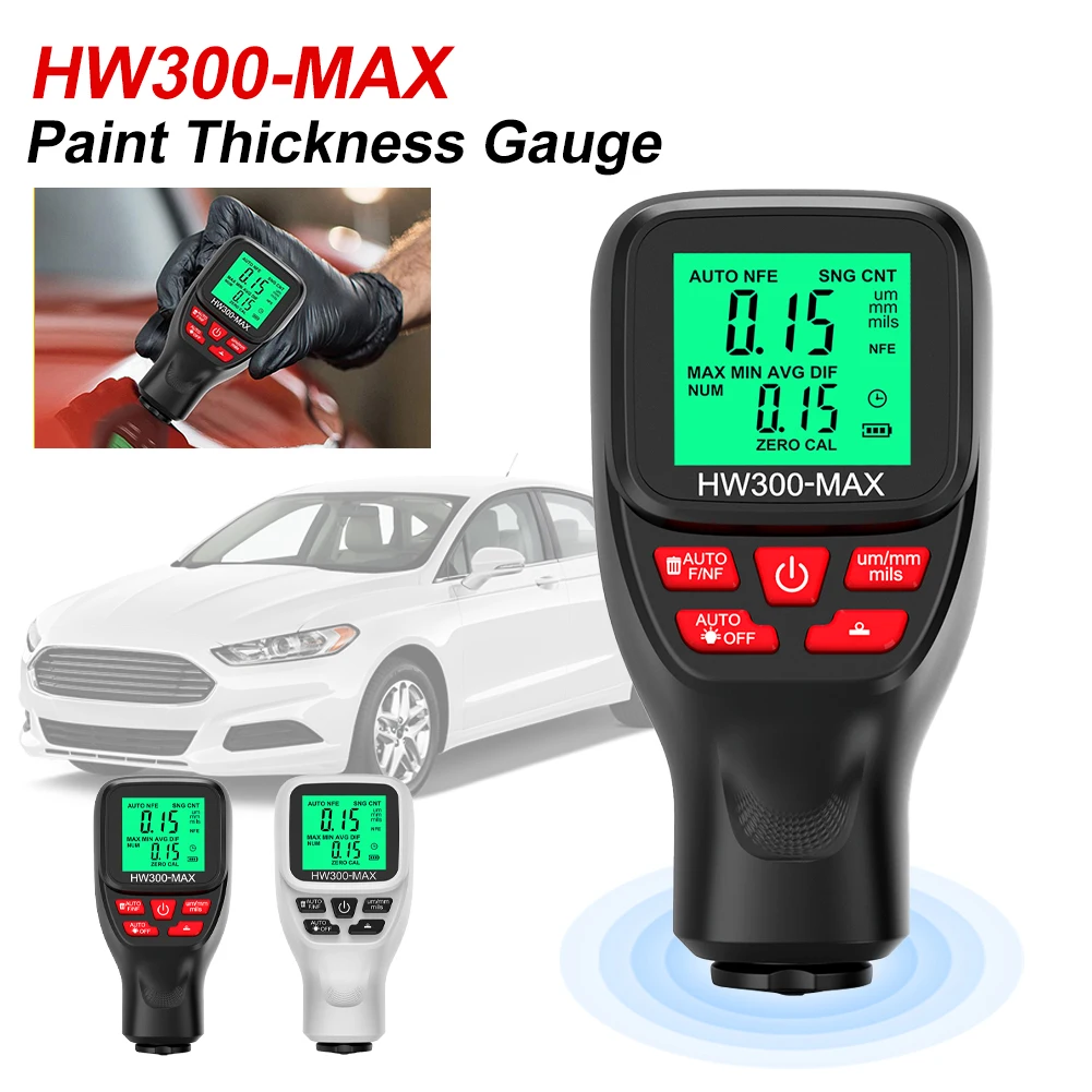 

HW300-MAX Paint Thickness Gauge 0-2000um Coating Thickness Gauge Large Display Metal Car Paint Thickness Meter Battery Operated