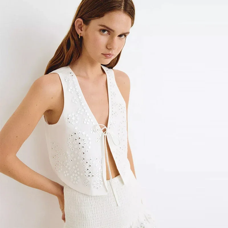 Conjunto de 2 piezas de faldas de moda para mujer, con abalorios, encaje, chaleco corto, cintura alta, falda plisada, traje 2025, nuevo conjunto a juego para mujer.