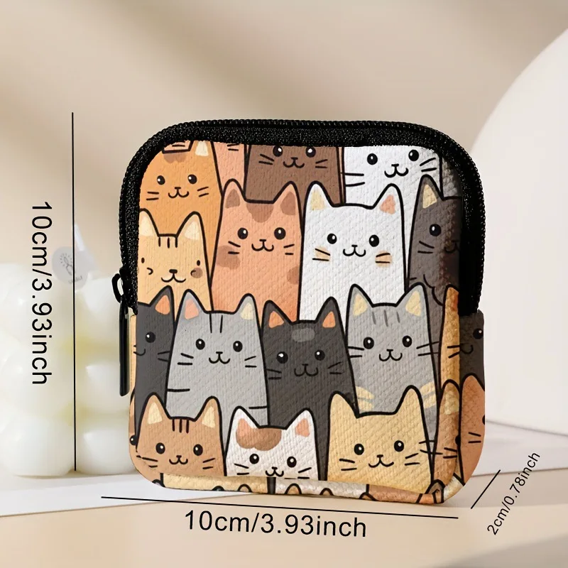 Cartoon Cat Printed Faux Leather Coin Purse Zipper Storage Bag Multi-functional Earphone Pouch