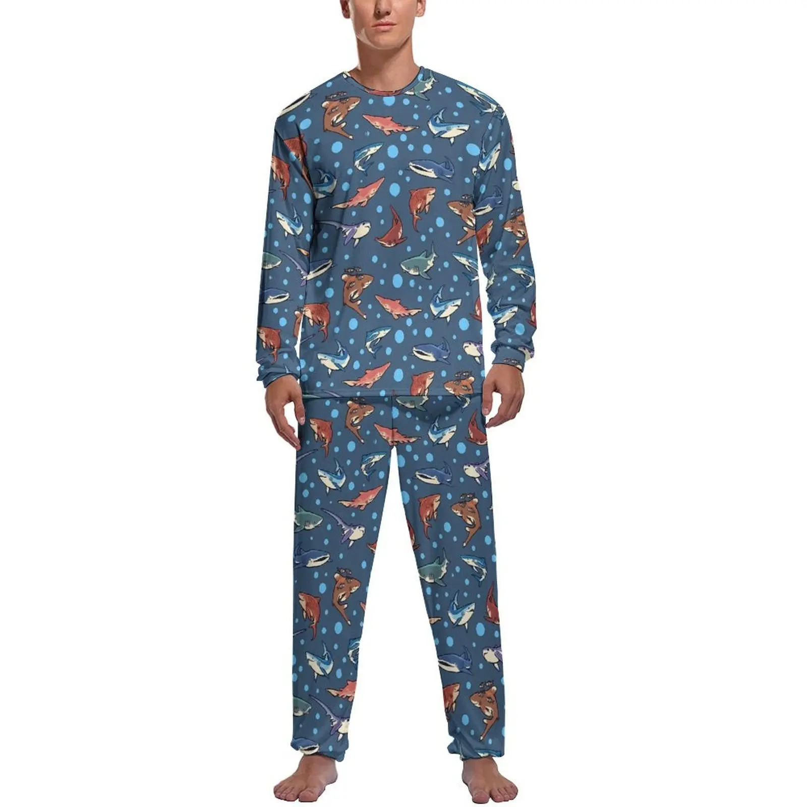 thumbnail image 1 of Pijama de tiburón con acuarela y estampado de arte pop para hombre, conjunto de pijama de manga larga, 2 piezas, estampado de primavera, regalo de cumpleaños, 1 of 5