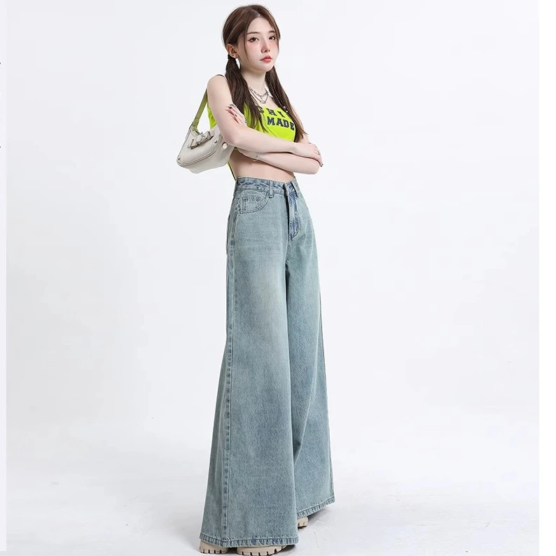 

Washed retro wide-legged jeans female spring and summer thin section high-waisted thin big swing skirt pants drag pants