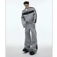 FEWQ Men Metal Rivet Shoulder Pad Short Hoodie Set Casual Silhouette Jacket Wide Leg Pants 2024 Contrast Color Sets 2