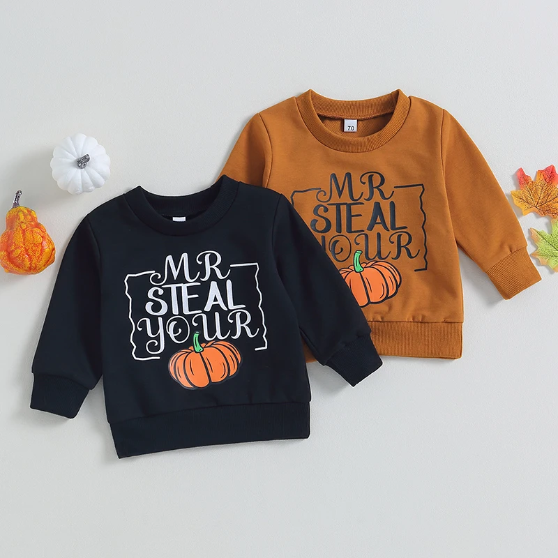 

Baby Girls Infant Boys Sweatshirts Halloween Clothes Letter Pumpkin Print Long Sleeve Crew Neck Toddler Pullovers Fall Tops