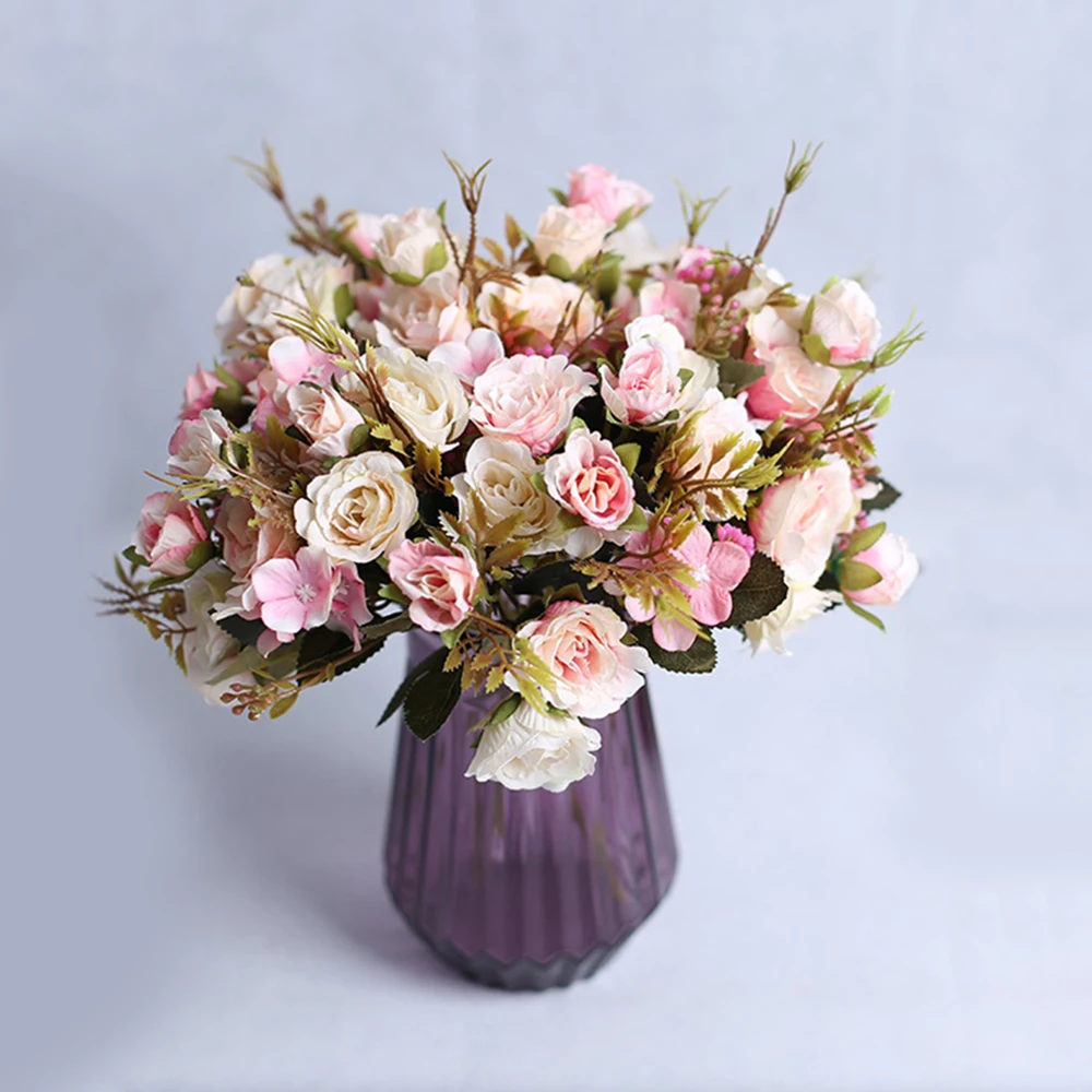 30cm Pink Rose Bouquet Wedding Artificial Flowers Retro Silk Flowers 10 Heads Peony Vintage Bride Flowers for Cemetery Wedding