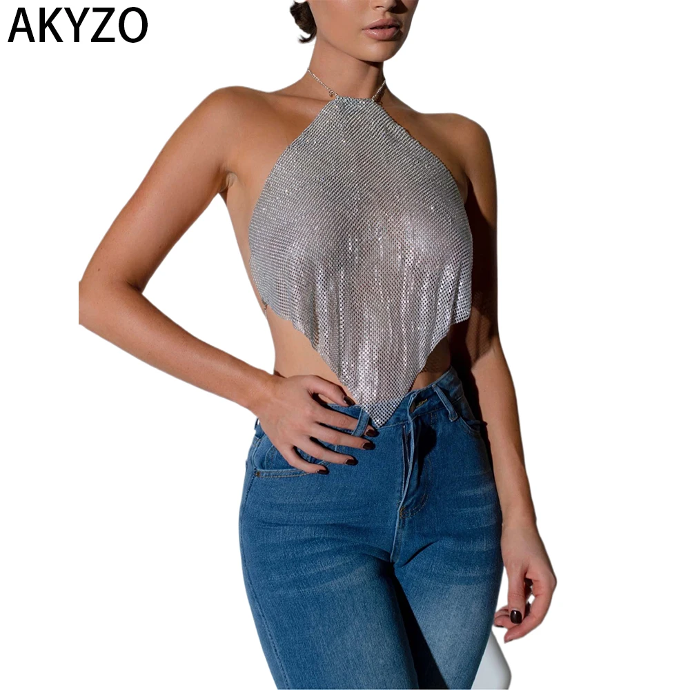 Блестящий топ с бретелькой через шею AKYZO с цепочкой, гладкий и шикарный дизайн без рукавов, идеально подходит для повседневной носки, идеально подходит для стиля теплой погоды