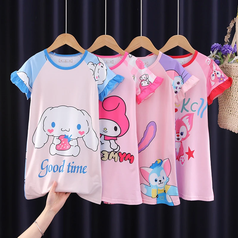 

Kawaii Sanrio Kid Nightdress Cute Anime Melody Hello Kitty Kuromi Cinnamoroll Cartoon Pajamas Summer Short Sleeve Dress Homewear