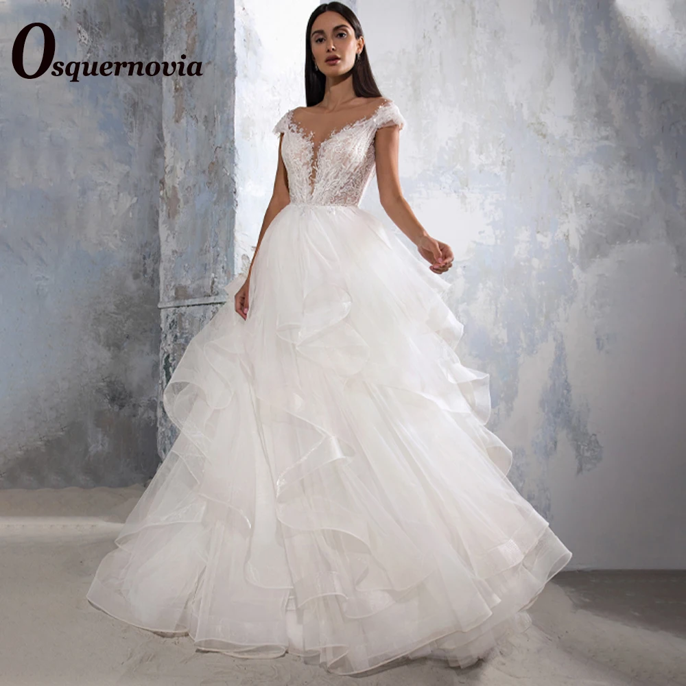 Osquernovia Charming Layered Bridal Dresses Lace Appliques Ruffles A-line Scoop Neck Cap Sleeves Tank Abito Da Sposa Customised