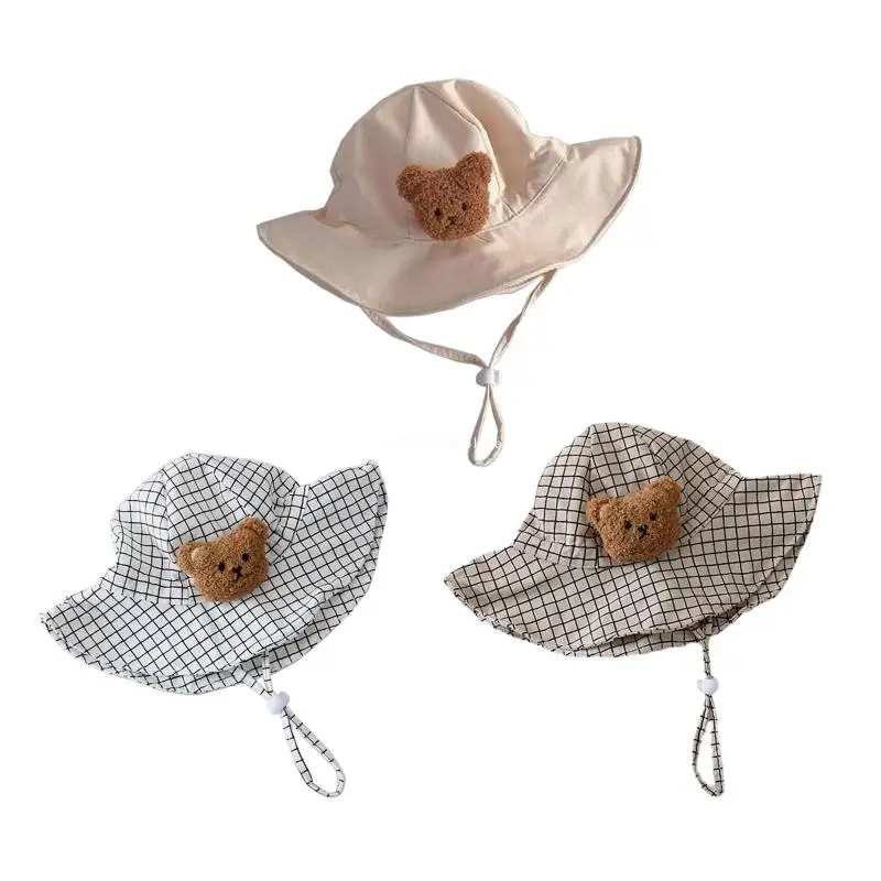 

Fashion Baby Boys Girls Cartoon Bear Adjustable Kids Hats Plaid Cap Summer Beach Travel Accessories Dropship