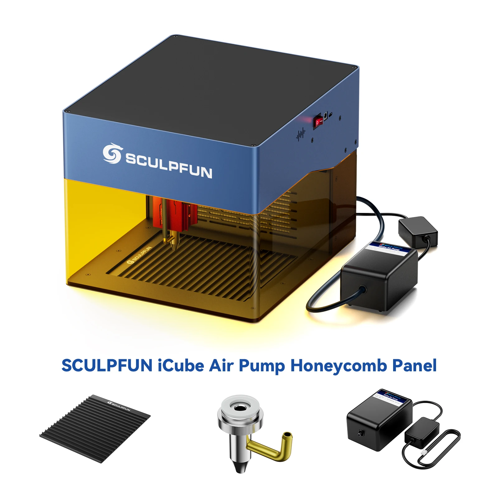 SCULPFUN iCube 레이저 조각기, 벌집 작업 테이블, 데스크탑 보호, 레이저 절단, 15L/min 공기 펌프, 저소음 진동