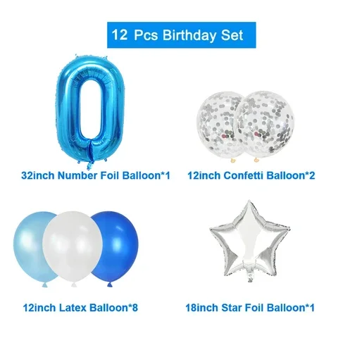 

12pcs Birthday Foil Number Balloons Decorations Blue Latex Ballons Confetti Mixed Birthday Party Helium Globos Balls Decoaations