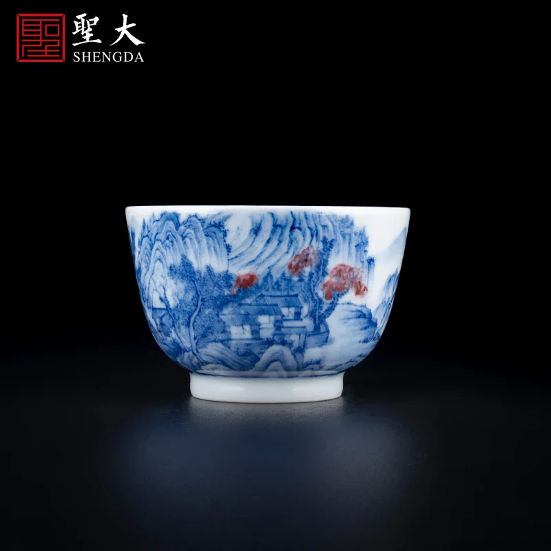 Сине-белая подглянцевая красная горная лесоуличная чашка Jingdezhen ручная роспись Высококачественная чайная чашка