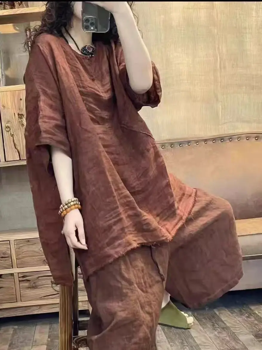 Retro Linen Cotton T-irt Women's Casual Long Sve V-Ne Mid-Length Vintage Waed Summer Faion Versatile Top