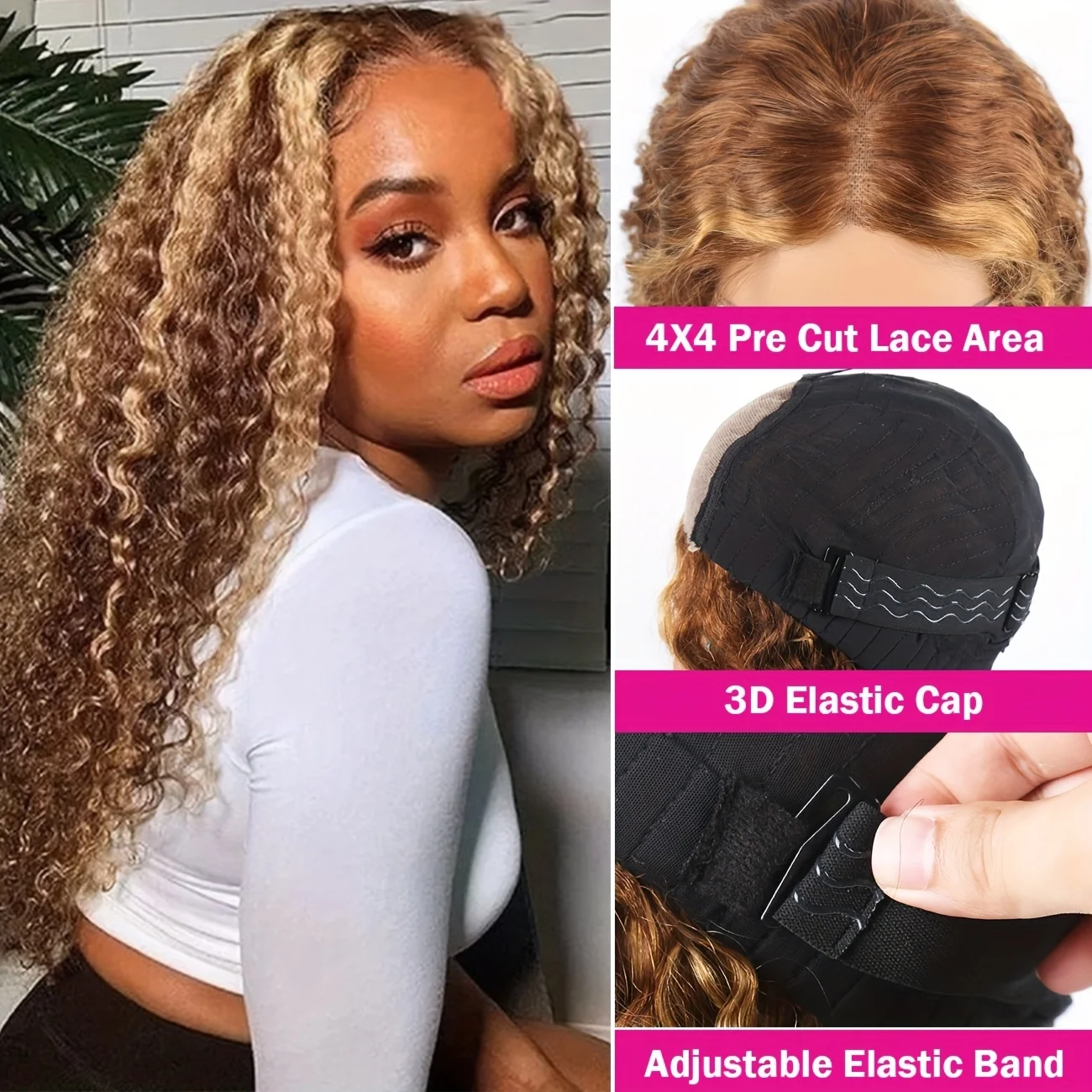 30inch Put on and Go Glueless Wig Human Hair Water Wave Honey Blonde Highlight 4x4 HD Lace Closure Human Hair Wig Pre Plucked - Image 2